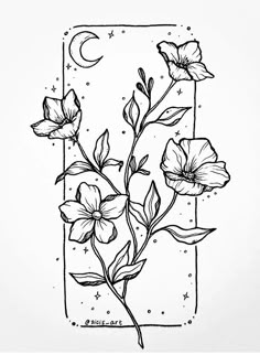 a black and white drawing of flowers in a square frame with the moon behind it