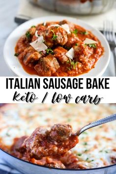 italian sausage bake with meatballs and sauce in a blue casserole dish