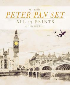 the cover of peter pan set all 17 prints for one low price, with an image of big ben in the background