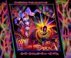 an artistic painting with many colors and shapes on it's surface, including the image of two clowns