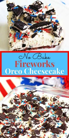 no bake fireworks oreo cheesecake on a plate with the title above it