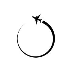 an airplane is flying through the sky in black and white, with a circle around it