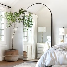 a bedroom with a bed, mirror and potted tree in the corner on the floor