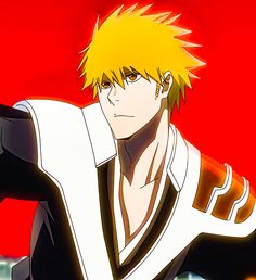 an anime character with yellow hair and black pants, standing in front of a red background