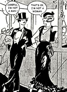 an old comic strip with two women dressed in black and white, talking to each other