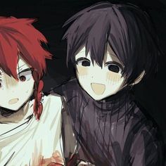 two anime boys with red hair and black clothes, one is wearing a white t - shirt