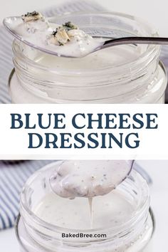 blue cheese dressing in a glass jar with spoon