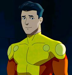 an animated man in a yellow and red suit with his hands on his hips looking at the camera