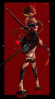 a woman dressed in black and red holding two large swords while standing on a platform