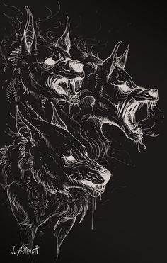 two wolfs with their mouths open in front of the camera, on a black background