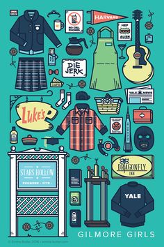 a poster with various items that include clothing, hats and other things in blue background