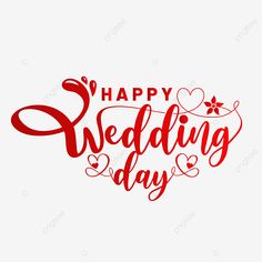 happy wedding day lettering with hearts and flowers on the white background, font, illustration png