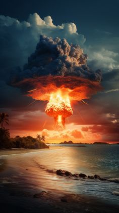 an image of a very large mushroom cloud over the ocean at sunset or sunrise time