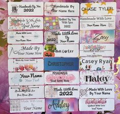 many different name tags on a purple and pink background with gold foil flowers in the center