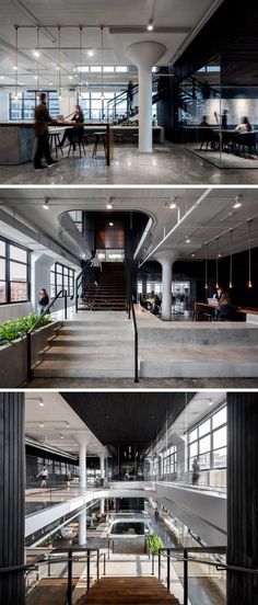 three different views of an office building with people sitting at tables and working on laptops