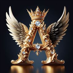 an artistic golden letter with wings and jewels