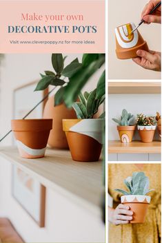 some potted plants are sitting on a shelf with the words make your own decorative pots