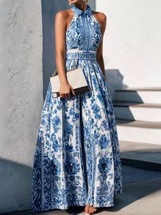 A-Line Loose Flower Print Split-Joint Lapel Maxi Dresses BLUE-S Fiesta Dress Outfit, Something Blue Dresses, September Wedding Dresses Guest, Blue Toile Dress, Summer Dresses For Wedding Guest Classy, Blue Wedding Guest Dress Summer, Beach Wedding Guest Dress Summer Classy, Shoes With Blue Dress, Mother Of The Groom Dresses Summer