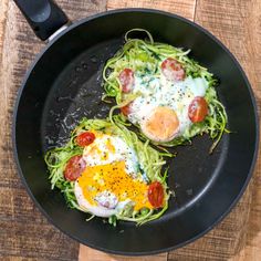 two eggs and vegetables are in a skillet on a wooden table, ready to be cooked