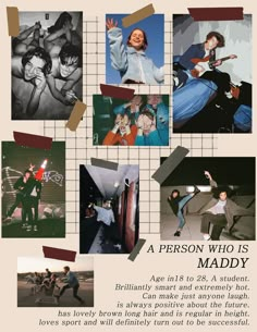 an advertisement for a person who is maddy with images of people playing guitar and dancing