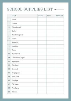 the school supplies list is shown in this printable file for students to do their homework