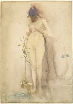 a painting of a woman leaning against a wall with a plant in front of her