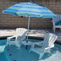 two lawn chairs and an umbrella in a pool