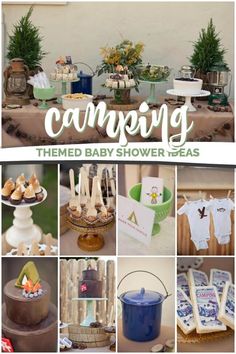 a collage of baby shower themes including cake, cookies and cupcakes with the words camping on them