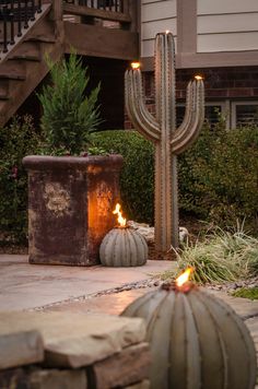 a large cactus sitting next to a potted plant on top of a cement floor