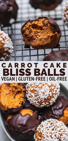 carrot cake bliss balls with chocolate frosting and sprinkles in the middle