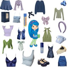 an assortment of clothing and accessories displayed on a white background