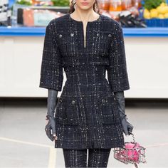 Chanel Fall 2014 Collection By Karl Lagerfeld Size Fr 44 Chanel Tent Dress Black With Interlocking Cc Logo & Tweed Pattern. Three-Quarter Sleeve With Scoop Neckconcealed Zip Closure At Front Bust: 34" Waist: 31.75" Hip: 35" Length: 35.75" Fabric: 60% Wool, 25% Mohair, 5% Acrylic, 5% Polyamide, 5% Viscose; Lining 100% Silk Size: Us12, Fr44 Chanel Little Black Dress, Chanel Fall 2014, Dresses Chanel, Black Tweed Dress, Chanel Dresses, Dots Dress, Tweed Pattern, Chanel Dress, Black Tweed