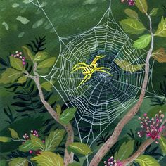 a spider sits in the center of a web surrounded by leaves and flowers on a green background