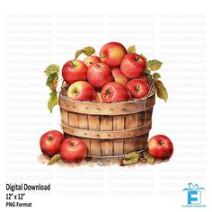 a painting of apples in a basket with leaves