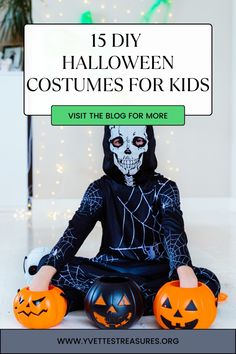 a person sitting on the floor with pumpkins in front of them and text overlay that reads, 15 diy halloween costumes for kids visit the blog for more