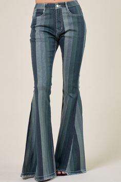 flared denim jeans, striped jeans, very 70s, fun, stretched denim pants, fringe detail at hem, very flattering, perfect with platforms for complete look. Outfits 70s, Flared Denim, 70s Outfits, Stretch Denim Pants, Flare Denim Jeans, Striped Jeans, Washed Denim, Denim Flares, Flared Jeans