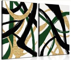 two abstract paintings with gold and black paint on white canvases, one is green and the other is brown