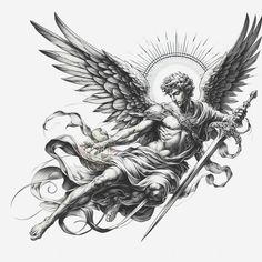 Winged Statue Tattoo, Gods Angel Tattoo, Stencil Arm Tattoo, Raphael Angel Tattoo, St Gabriel Tattoo, Guardian Angels Tattoo, St Michael Drawing, Guardian Angel Tattoo For Men Forearm, Saint Gabriel Tattoo