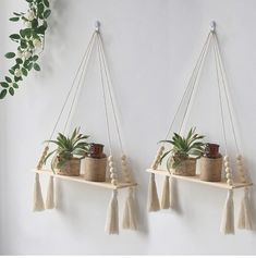 two hanging planters with plants on them