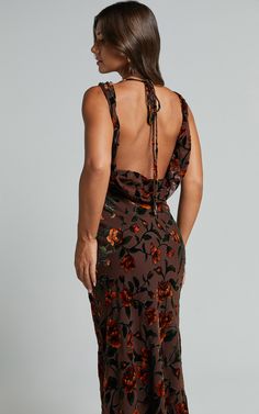 Stephania Midi Dress - Cowl Neck Low Back Burnout Slip Dress in Chocolate Brown Formal Dress, Brown Dresses Formal, Fancy Dinner Party, Mermaid Style Dress, Cute Prom Dresses, Fancy Dinner, Mermaid Fashion, Dress Silhouette, Brown Dress