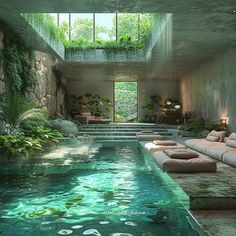 an indoor swimming pool surrounded by greenery and stone walls, with couches in the middle