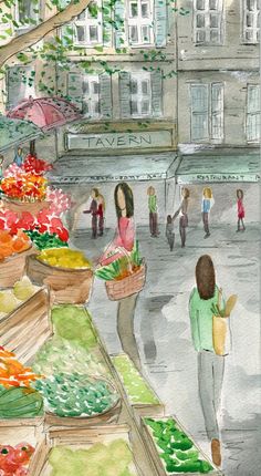 a watercolor painting of people shopping at an outdoor farmers'market in the city