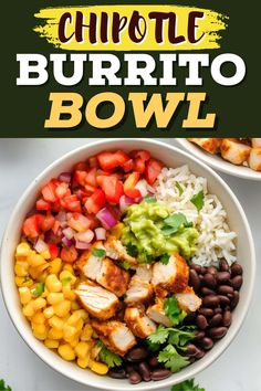 a bowl filled with chicken, black beans and guacamole next to cilantro