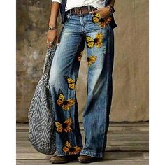 Butterfly Pants, Print Pants, Pantalon Large, Vintage Pants, Floral Pants, Footwear Design Women, Denim Flares, Pants Pattern, Pants Jeans