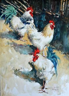 two roosters are standing next to each other