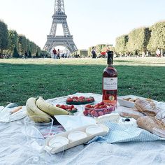 the picnic is set out in front of the eiffel tower