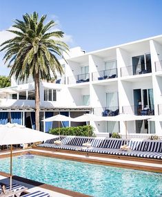 an outdoor swimming pool with chaise lounges and palm trees in front of the building