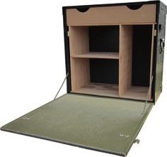 an open storage box with two shelves on each side and one door opened to reveal the inside