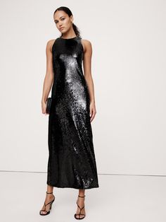 We selected high-gloss sequins for this special dress, keeping the silhouette streamlined to best show off their sophisticated sparkle.  Column fit.  High crew neck.  Invisible zip at back.  Center-back vent.  Fully lined.  Column fit.  Sleeveless.  Maxi length.  Model: Size S, 5'10" (178cm). Extra Dresses, Party Edit, Special Dress, Sequin Midi Dress, Maxi Dress Black, Sequin Maxi, Sequin Maxi Dress, Special Dresses, Invisible Zip