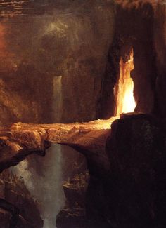 an image of a painting with light coming out of the cave and water running down it